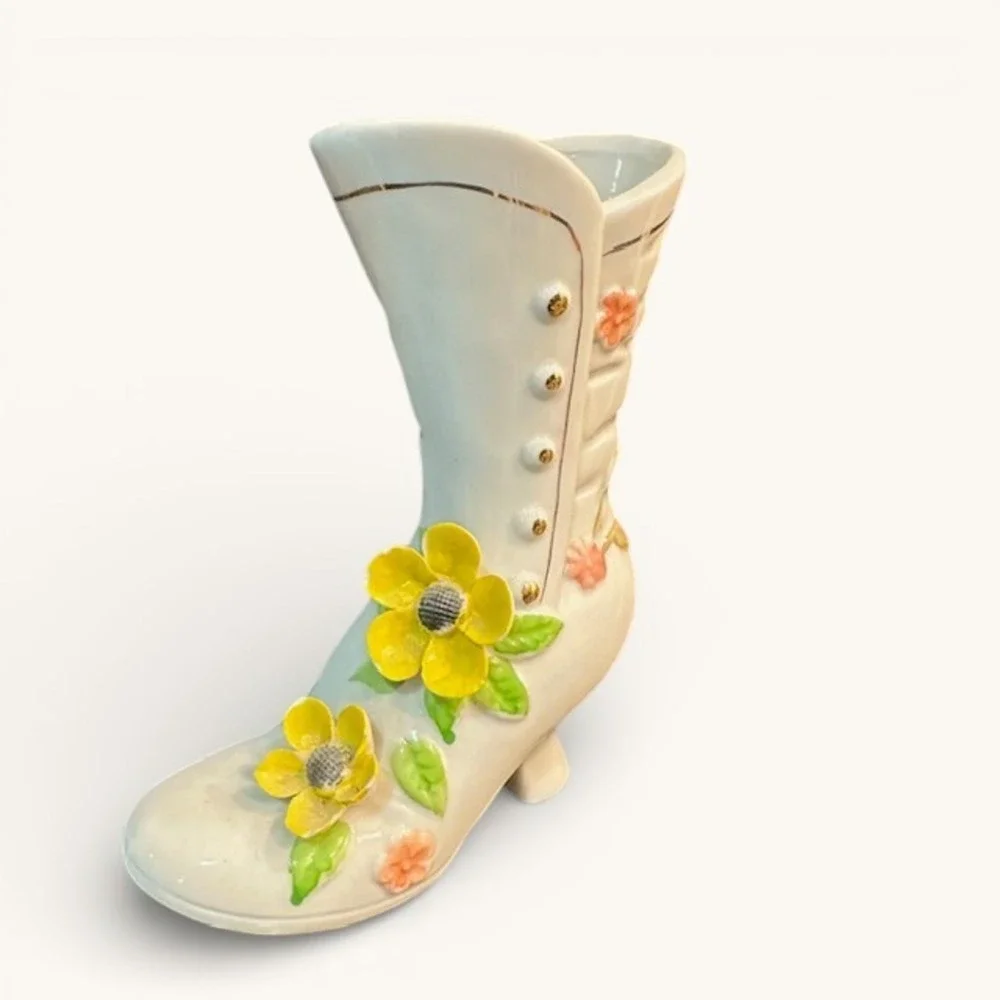 Vintage Ceramic High Heel Boot Vase – Porcelain‎ Floral Accent Décor